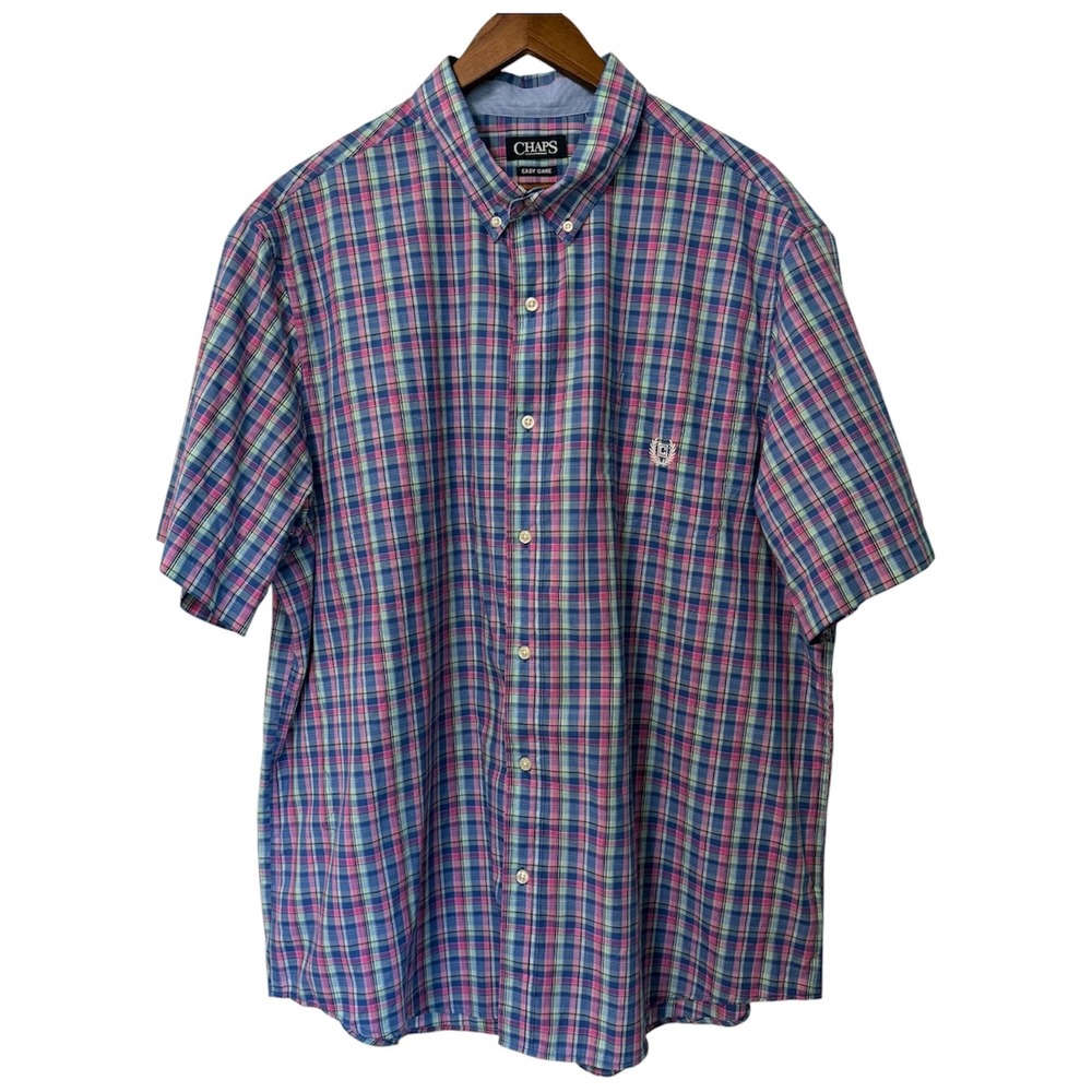Chaps Button Down Shirt Women 3XL Plaid Blue Pink Short Sleeve Easy Care Logo